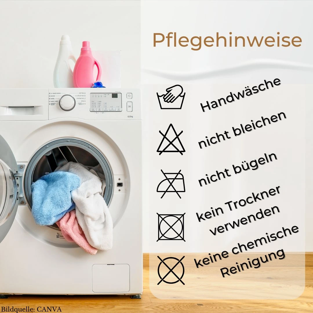 Pflegesymbole für Handwäsche, nicht bleichen, nicht bügeln, nicht im Trockner trocknen und nicht chemisch reinigen