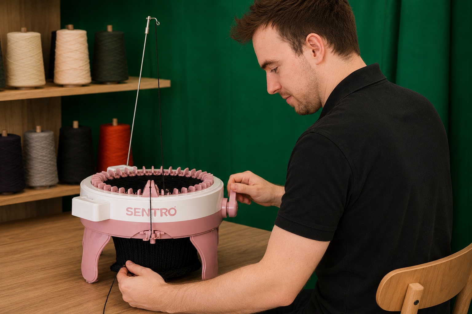 Sören Schindler strickt in seiner KNITSCHI-Werkstatt ein schwarzes Stück an der Strickmaschine