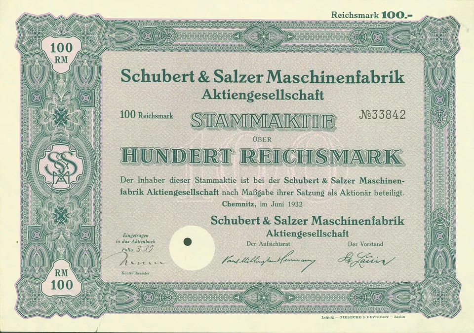 Historische Aktie der Schubert und Salzer Maschinenfabrik aus dem Jahr 1932
