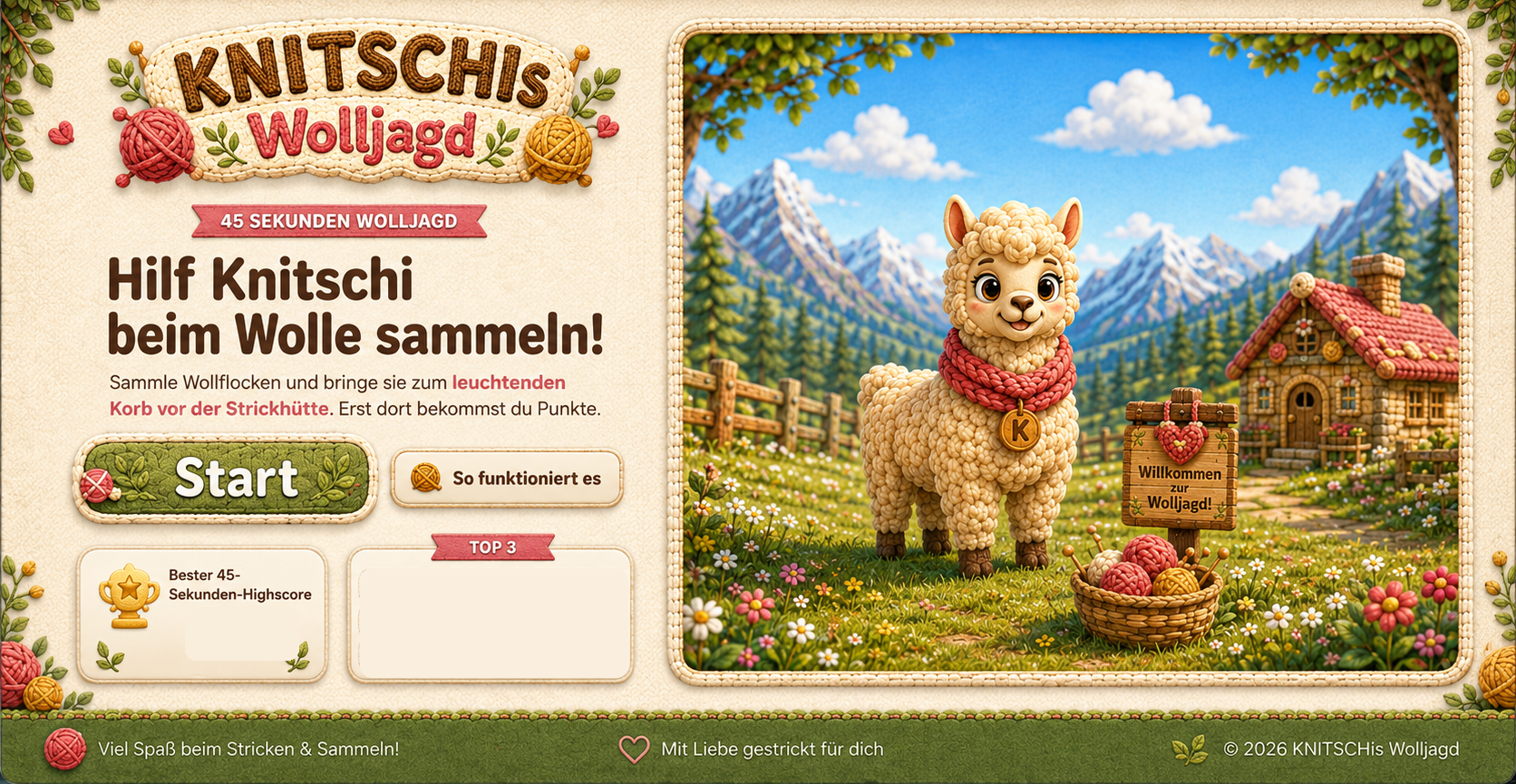 Startbildschirm von KNITSCHIs Wolljagd